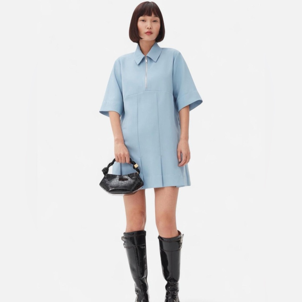 Ganni Light Blue Twill Suiting Mini Dress - In the color Dusty Blue